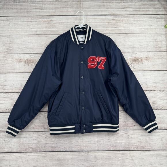 Tna Jacket Womens Small Navy Blue Varsity Bomber 97 Champs Striped Trim Nylon - Picture 1 of 12